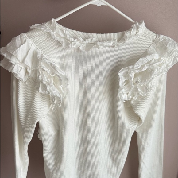 Free People Ivory Ruffle-Shoulder Ribbed Long Sleeve Top - Picture 3 of 5